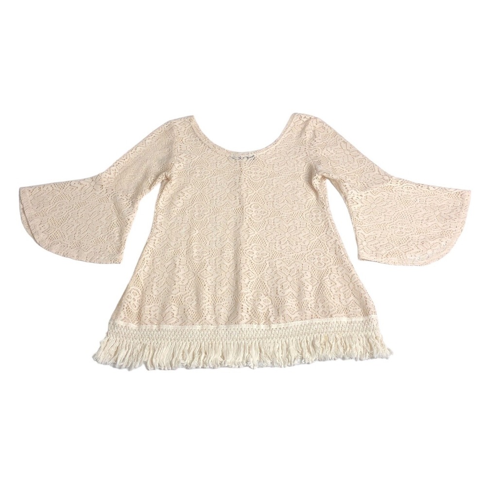 Sassybling Top Womens S Beige Crochet Fringe Hem Flare Sleeve Sheer Boho Western